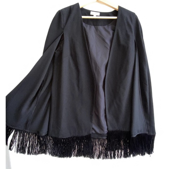 K/LAB Black Open Front Dressy Cape Jacket Fringe Hem Lined Size M - Picture 1 of 5